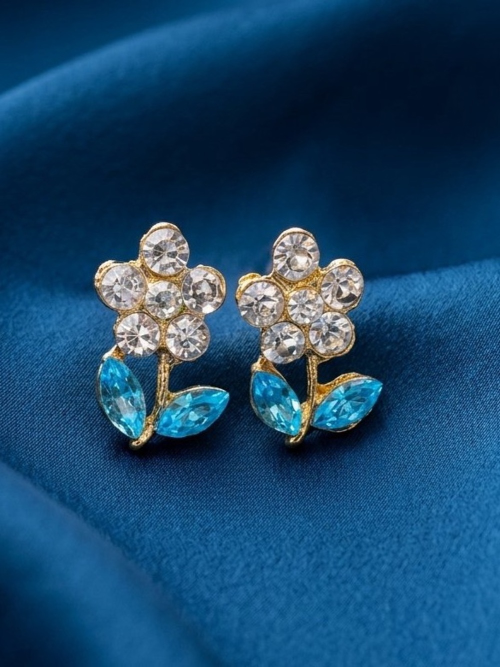 Gold Flower Stud Earrings with Clear and Blue Crystals